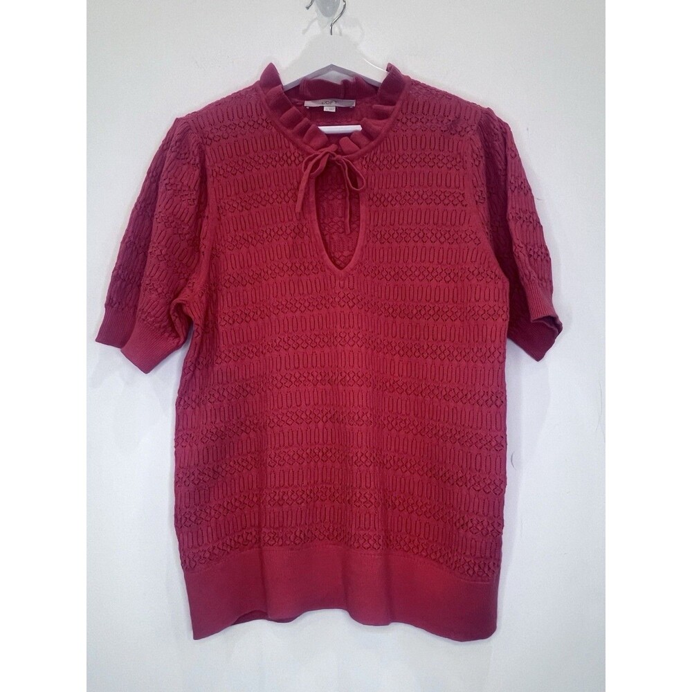Loft Orange Red Open Knit Cotton Sweater XL Keyhole Preppy Boho coquette